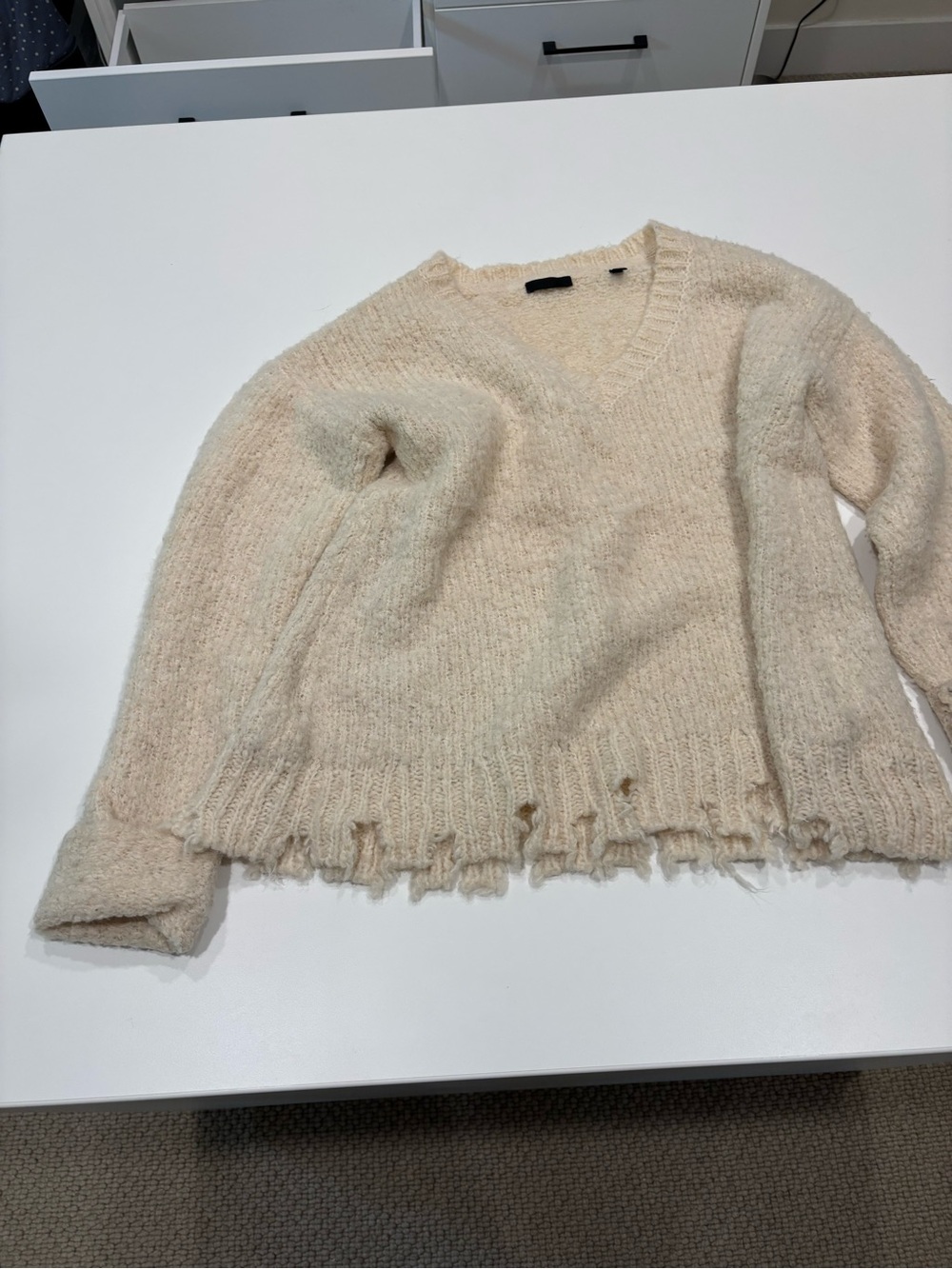 M&M'S Distressed V-Neck Sweater in Cream